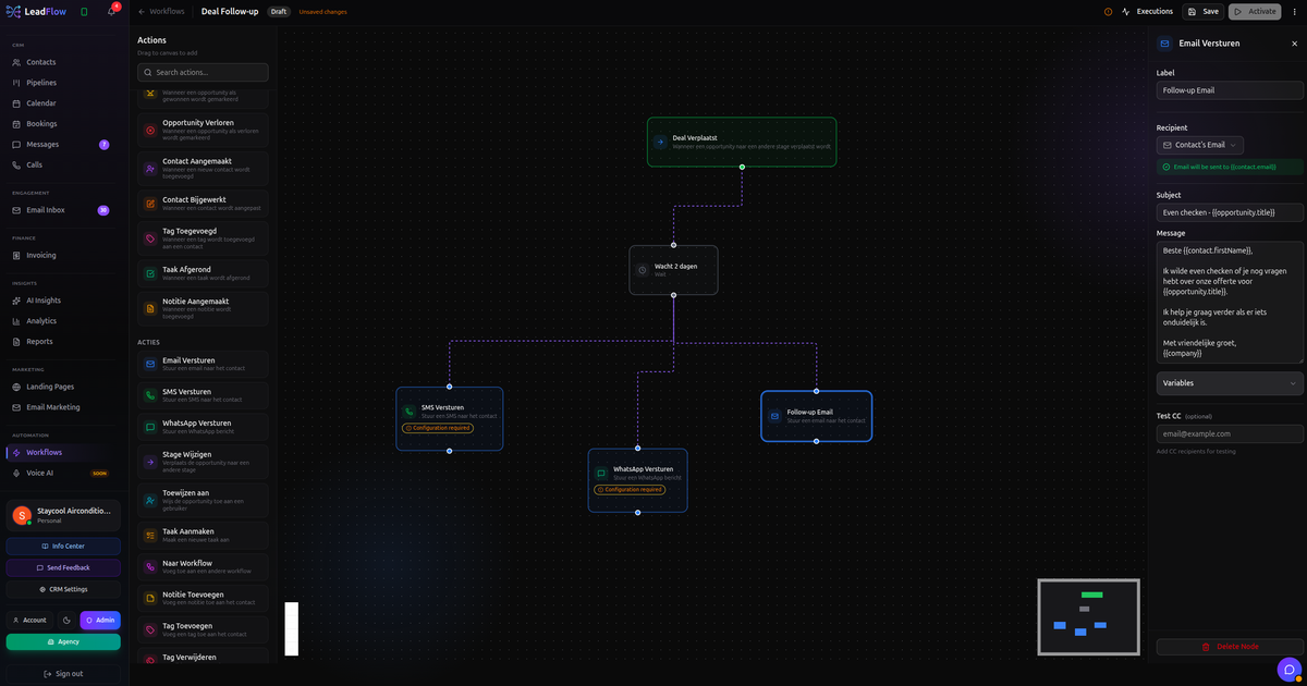 LeadFlow workflow builder showing multi-channel automation for Meta Lead Ads follow-up