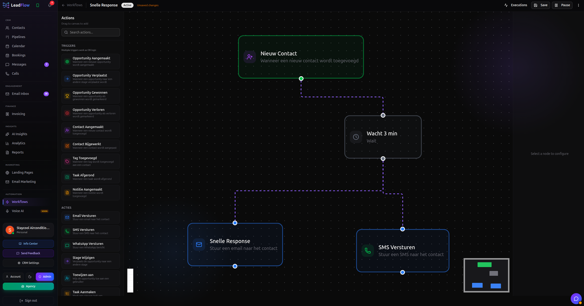 LeadFlow workflow builder showing automated SMB lead follow-up across WhatsApp, SMS, and email